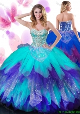 Wonderful Tulle Beading and Ruffled Layers Quinceanera Dress in Rainbow