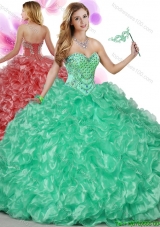 Cheap Beaded Bodice and Ruffled Big Puffy Quinceanera Gown in Turquoise