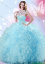 Luxurious High Neck Ruffled and Sequined Quinceanera Dress in Light Blue