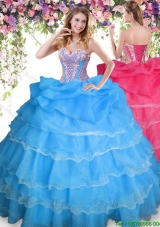 Modest Beaded and Ruffled Layers Quinceanera Dress in Aqua Blue