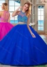 See Through High Neck Brush Train Beaded Bodice Open Back Quinceanera Dresses in Royal Blue