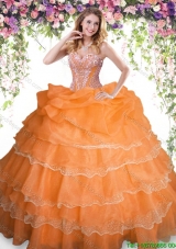 Affordable Ruffled Layers and Beaded Orange Sweet 16 Dress in Organza