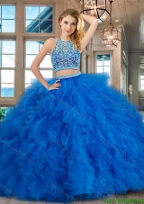 Latest Scoop Blue Brush Train Quinceanera Dress with Ruffles and Beading