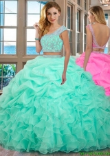 Puffy Scoop Organza Ruffled and Beaded Cap Sleeves Backless Mint Two Piece Quinceanera Dresses