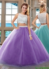 Two Piece Puffy Bateau Side Zipper Purple Quinceanera Dresses with Beading