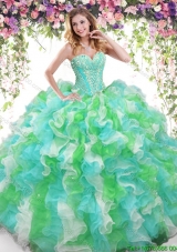 Fashionable Rainbow Big Puffy Quinceanera Dress with Ruffles and Beading