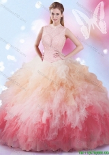 Beautiful High Neck Beaded and Ruffled Quinceanera Dress in Rainbow