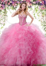 Beautiful Rose Pink Tulle Quinceanera Dress with Ruffles and Beading