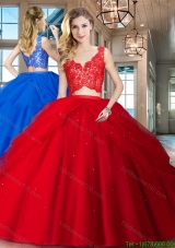 Beautiful Two Piece Puffy Skirt Red Tulle Quinceanera Dress with Zipper Up
