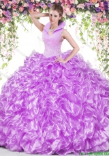 Discount High Neck Lilac Quinceanera Dress with Ruffles and Beading
