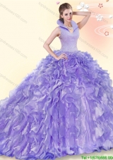 Fashionable Beaded and Ruffled Lavender Quinceanera Dress with Brush Train