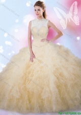Modern High Neck Beaded and Ruffled Champagne Quinceanera Dress in Tulle