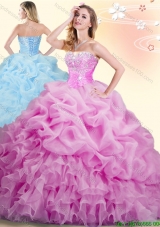 New Beaded and Pick Ups Rose Pink Quinceanera Dress with Brush Train