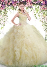 Perfect High Neck Beaded and Ruffled Quinceanera Dress in Light Yellow