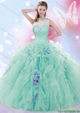 See Through High Neck Apple Green Quinceanera Dress with Beading and Ruffles