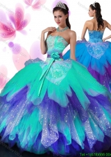 Exclusive Rainbow Big Puffy Quinceanera Dress with Hand Made Flowers and Ruffled Layers