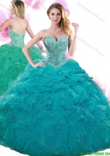 Fashionable Teal Big Puffy Quinceanera Dress with Beading and Pick Ups