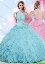 Lovely Beaded and Ruffled High Neck Quinceanera Dress in Baby Blue