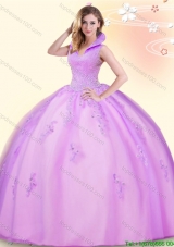 Lovely High Neck Beaded and Applique Lilac Quinceanera Dress in Tulle