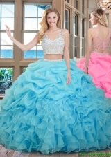 Two Piece Ball Gown V Neck Organza Beaded and Bubbled Quinceanera Dresses in Baby Blue