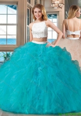 Two Piece Straps Tulle Beaded Two Piece Backless Quinceanera Dresses White and Blue