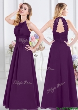 Perfect Halter Top Purple Long Dama Dress with Ruching and Lace