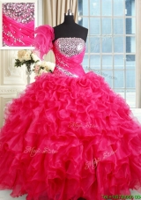 2017 Affordable Strapless Organza Hot Pink Quinceanera Dress with Ruffles and Sequins