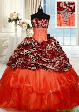 2017 Latest Beaded Brush Train Orange Red Quinceanera Dress in Organza and Leopard