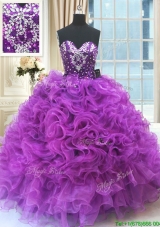 Discount Sweetheart Ruffled and Beaded Organza Quinceanera Dress in Eggplant Purple