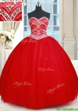 New Style Really Puffy Beaded Sweetheart Red Quinceanera Dress in Tulle