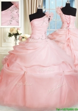 Cheap One Shoulder Pink Quinceanera Dress with Handcrafted Flower and Beading