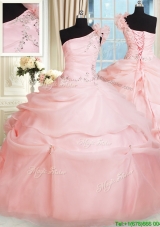 Cheap One Shoulder Pink Quinceanera Dress with Handcrafted Flower and Beading