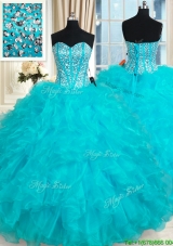 Designer Visible Boning Aqua Blue Quinceanera Dress with Ruffles and Beading