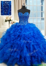 Most Popular Visible Boning Royal Blue Quinceanera Dress with Ruffles and Beading