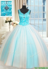 Best Selling V Neck Beaded White and Blue Quinceanera Dress in Tulle