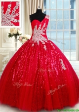 Wonderful One Shoulder Applique and Beaded Quinceanera Dress in Tulle and Sequins