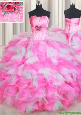 Strapless Handcrafted Flower Rose Pink and White Quinceanera Dress in Organza and Tulle