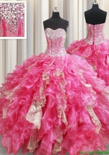 Best Selling Visible Boning Ruffled Hot Pink Quinceanera Dress in Organza and Sequins