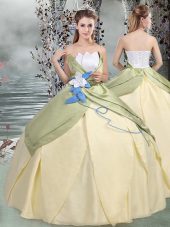 Perfect Scalloped Sleeveless Quinceanera Gown Floor Length Ruching and Hand Made Flower Multi-color Taffeta