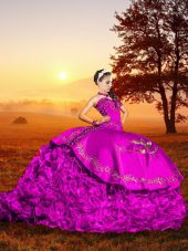 Edgy Fuchsia Ball Gowns Embroidery and Ruffles 15 Quinceanera Dress Lace Up Organza Sleeveless