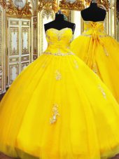 Modest Gold Ball Gowns Beading and Appliques Quinceanera Dresses Lace Up Organza Sleeveless Floor Length