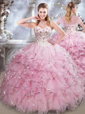 Sweet Sweetheart Sleeveless Quinceanera Dress Floor Length Beading and Ruffles Baby Pink Organza