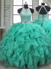 Suitable Sleeveless Beading and Ruffles Lace Up Quinceanera Gowns with Turquoise Brush Train