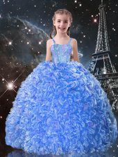 Straps Sleeveless Party Dress Floor Length Beading and Ruffles Baby Blue Organza