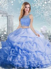 Baby Blue Clasp Handle Scoop Beading and Ruffles and Pick Ups Quince Ball Gowns Organza Sleeveless