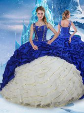 Straps Sleeveless Vestidos de Quinceanera Brush Train Ruffled Layers and Pick Ups Blue And White Taffeta