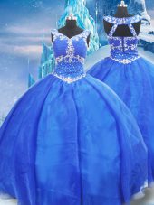 Graceful Floor Length Zipper Quinceanera Dress Blue for Military Ball and Sweet 16 and Quinceanera with Beading