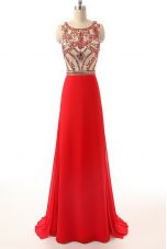 Red Chiffon Side Zipper Scoop Sleeveless Prom Gown Brush Train Beading