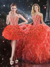 Sleeveless Floor Length Beading and Ruffles Lace Up Quinceanera Dress with Coral Red