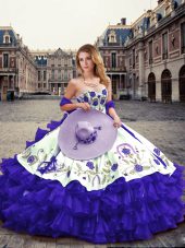 Designer Purple Sleeveless Embroidery and Ruffled Layers Floor Length Vestidos de Quinceanera